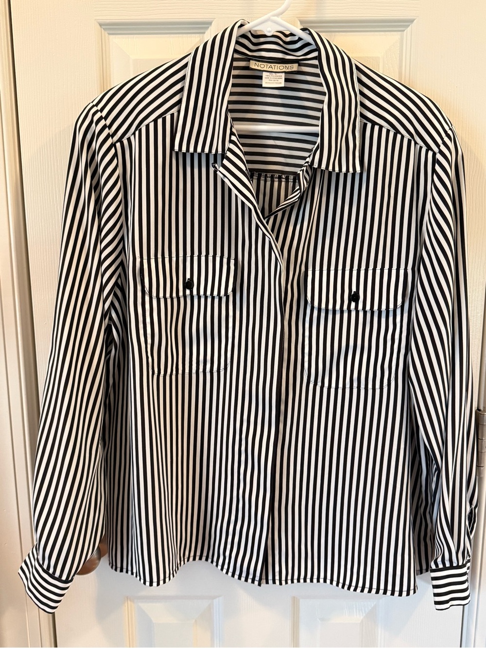 NOTATIONS Vintage XL Black & White Vertical Striped Long Sleeve Button Front